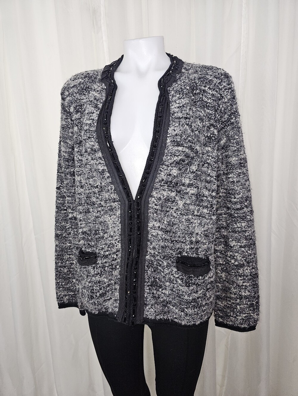 Anne Klein Tweed Boucle Embellished Cardigan Jacket Black Gray Large Wool Silk